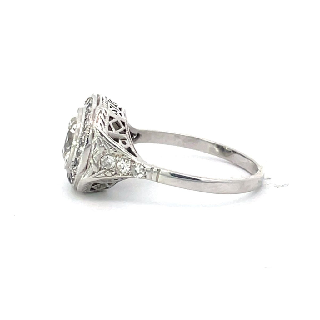 Side view of Antique 1.55ct Old European Cut Diamond Engagement Ring, I Color, VS1 Clarity, Diamond Halo, Platinum