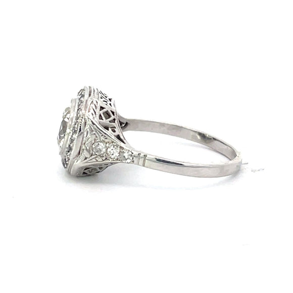 Front view of Antique 1.55ct Old European Cut Diamond Engagement Ring, I Color, VS1 Clarity, Diamond Halo, Platinum