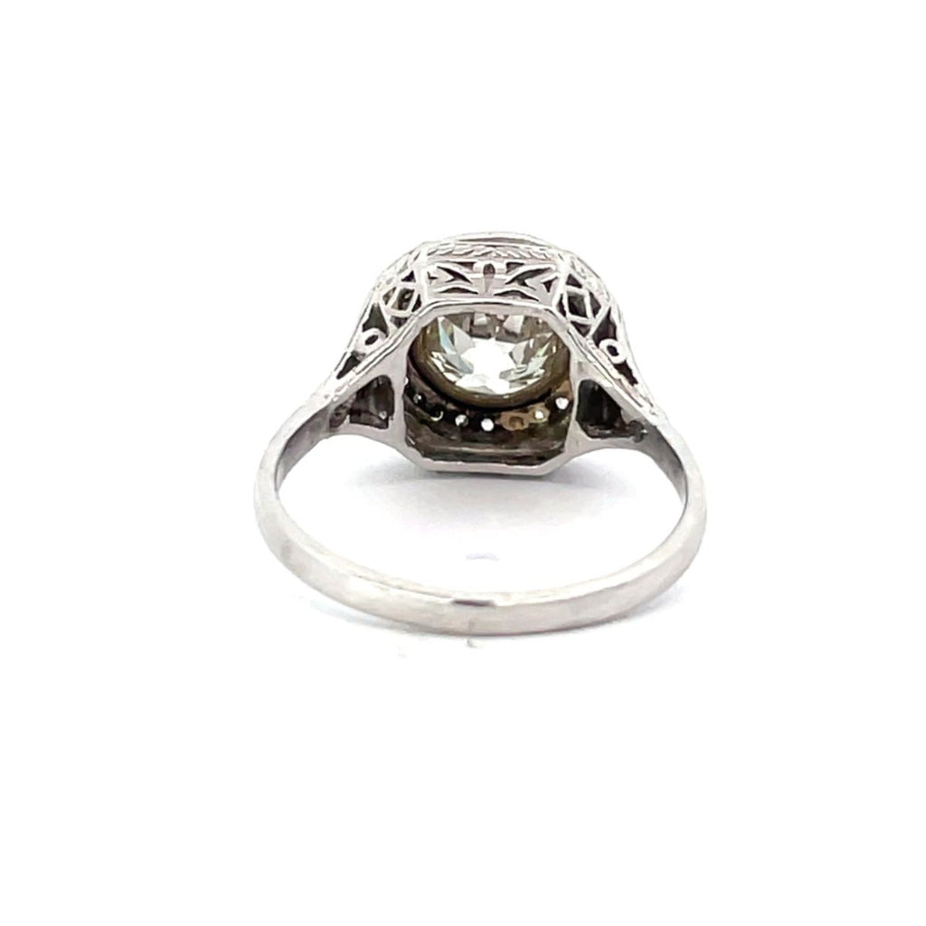 Back view of Antique 1.55ct Old European Cut Diamond Engagement Ring, I Color, VS1 Clarity, Diamond Halo, Platinum