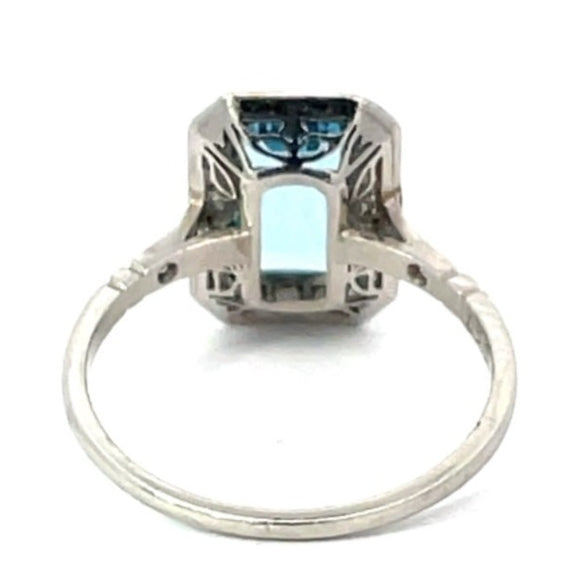 Front view of 1.55ct Emerald Cut Aquamarine Cocktail Ring, Diamond Halo, Platinum