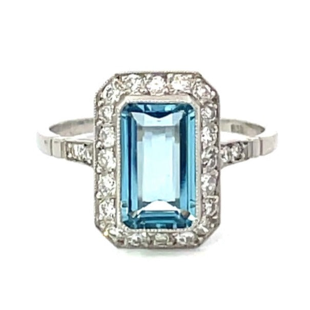 Front view of 1.55ct Emerald Cut Aquamarine Cocktail Ring, Diamond Halo, Platinum