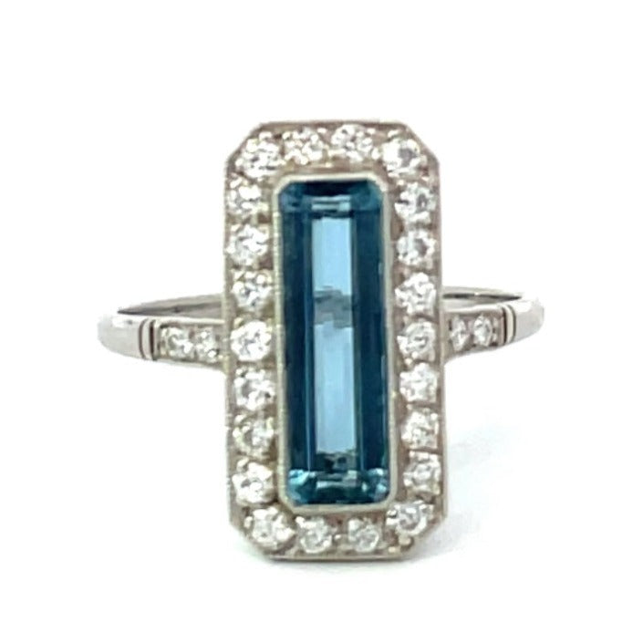 Front view of 1.62ct Emerald Cut Aquamarine Cocktail Ring, Diamond Halo, Platinum