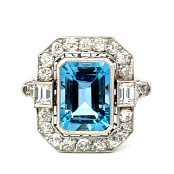 Front view of 2.54ct Emerald Cut Aquamarine Engagement Ring, Diamond Halo, Platinum