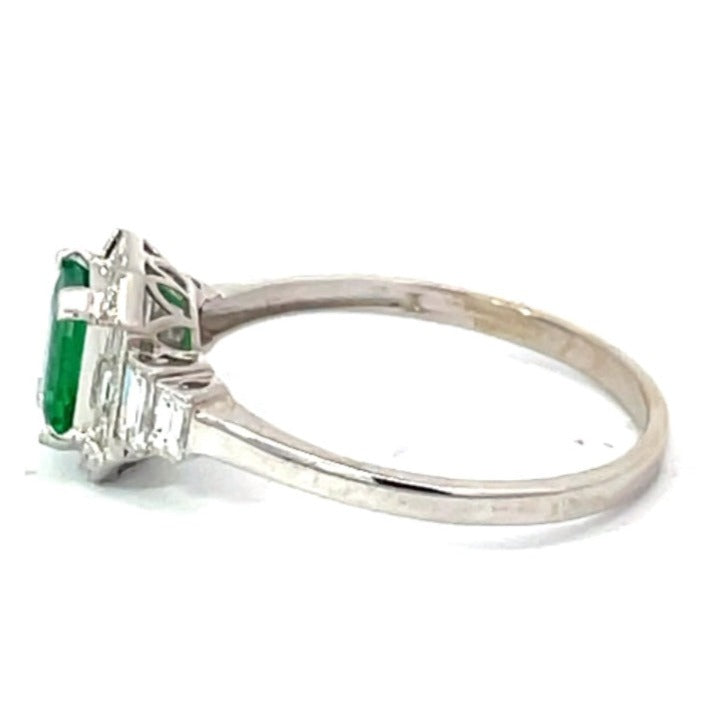Side view of 0.79ct Emerald Cut Natural Emerald Engagement Ring, Diamond Halo, 14k White Gold