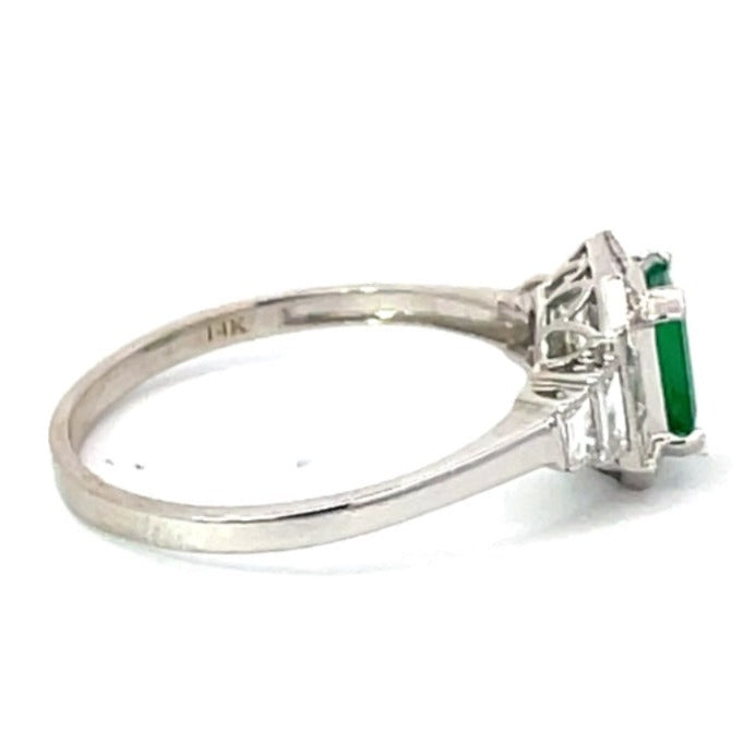 Side view of 0.79ct Emerald Cut Natural Emerald Engagement Ring, Diamond Halo, 14k White Gold