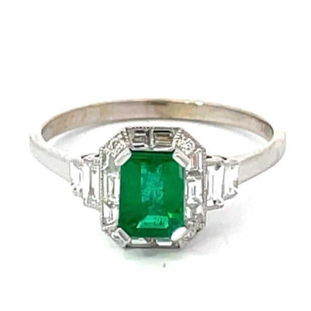 Front view of 0.79ct Emerald Cut Natural Emerald Engagement Ring, Diamond Halo, 14k White Gold
