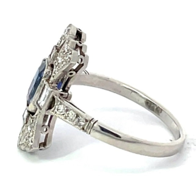 Side view of 1.15ct Cushion Cut Sapphire Cocktail Ring, Diamond Halo, Platinum