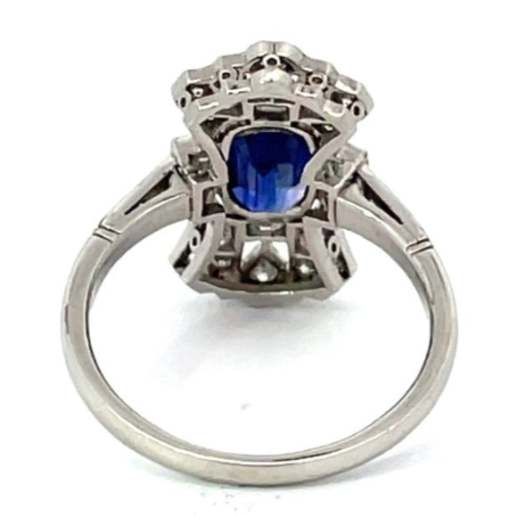 Front view of 1.15ct Cushion Cut Sapphire Cocktail Ring, Diamond Halo, Platinum