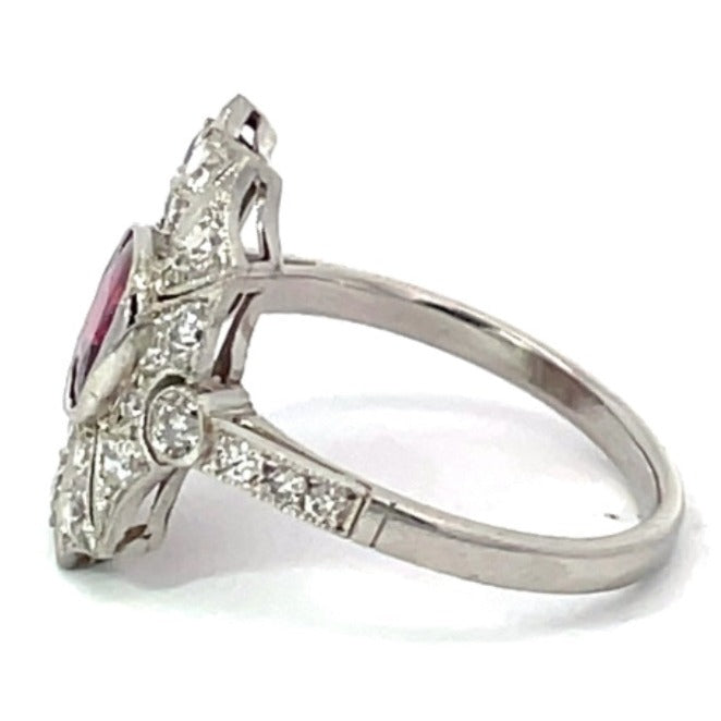 Side view of 0.97ct Cushion Cut Natural Burma Ruby Cocktail Ring, Diamond Halo, Platinum