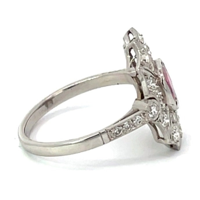 Side view of 0.97ct Cushion Cut Natural Burma Ruby Cocktail Ring, Diamond Halo, Platinum