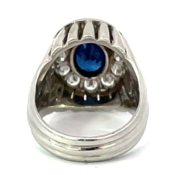 Front view of Vintage 1.93ct Oval Cut Natural Sapphire Dome Ring, Diamond Halo, Platinum