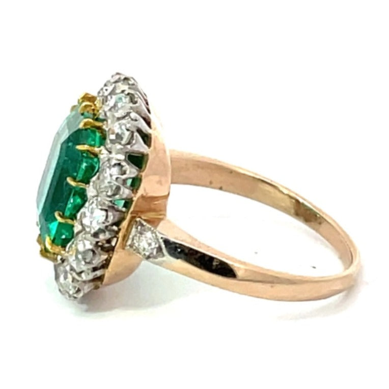 Side view of GIA 4.55ct Natural Colombian Emerald Cluster Ring, Platinum & 18k Yellow Gold