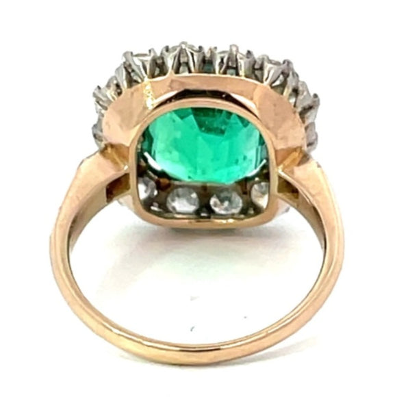 Front view of GIA 4.55ct Natural Colombian Emerald Cluster Ring, Platinum & 18k Yellow Gold