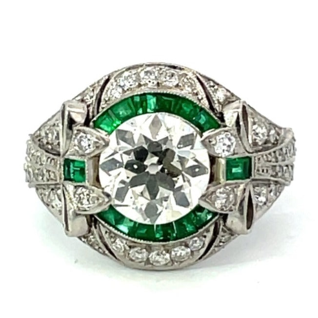 Front view of 2.66ct Old European Cut Diamond Engagement Ring, Emerald Halo, Platinum
