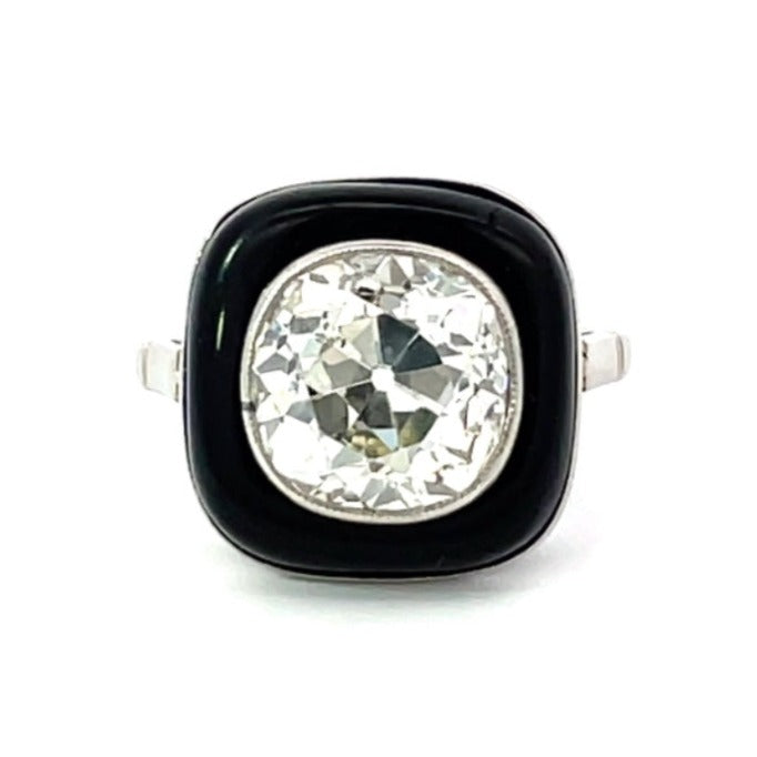Front view of Antique 4.30ct Cushion Cut Diamond Engagement Ring, Onyx Halo, 18K White Gold