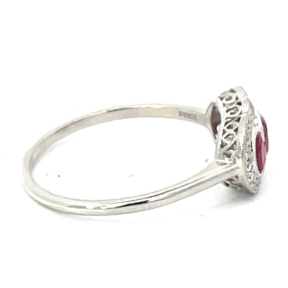 Side view of 0.75ct Oval Cut Ruby Cocktail Ring, Diamond Halo, Platinum