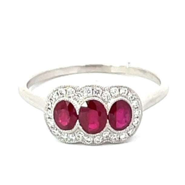 Front view of 0.75ct Oval Cut Ruby Cocktail Ring, Diamond Halo, Platinum