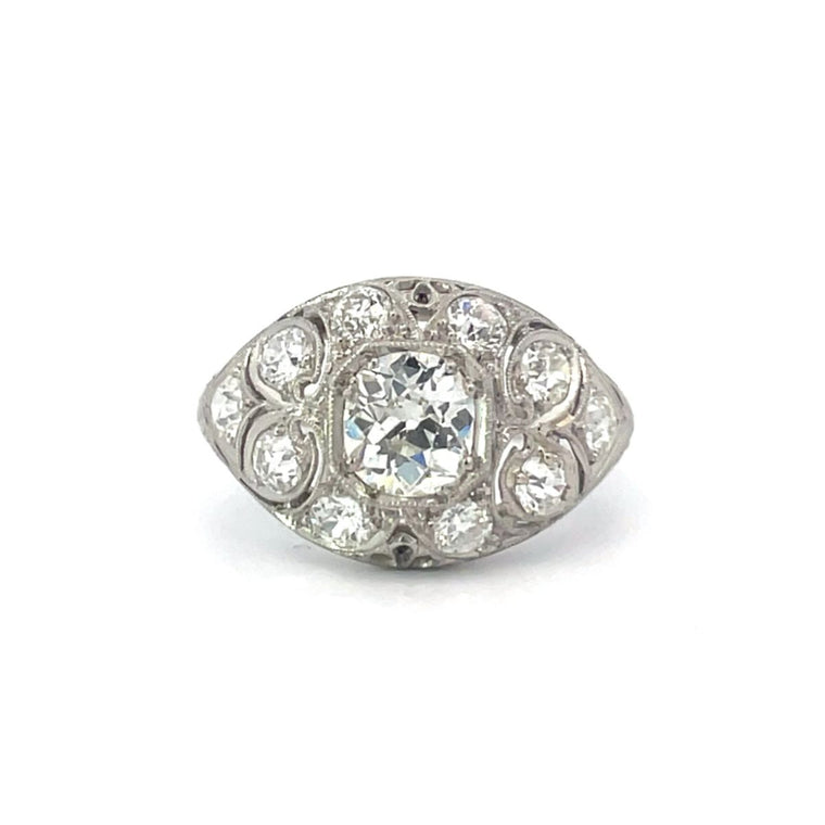 Front view of Antique 1.08ct Antique Cushion Cut Diamond Engagement Ring, I Color, Platinum