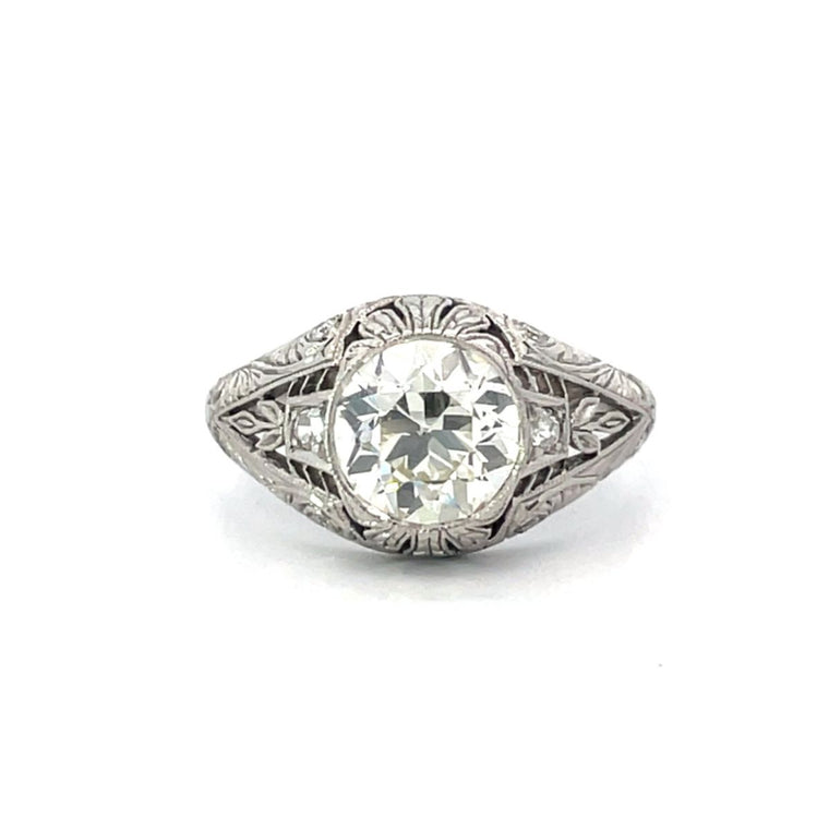 Front view of Antique 1.73ct Old European Cut Diamond Engagement Ring, VS1 Clarity, Platinum, Circa 1925