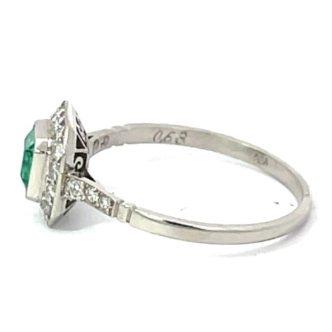 Side view of 0.63 Emerald Cut Natural Emerald Engagement Ring, Diamond Halo, Platinum