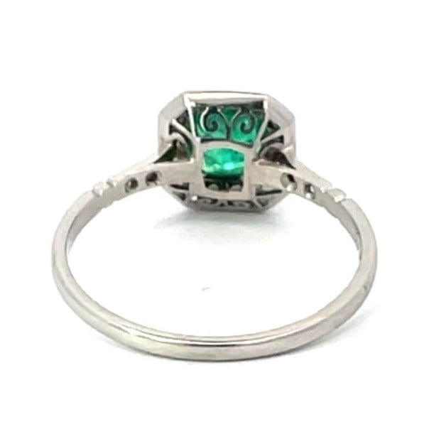 Back view of 0.63 Emerald Cut Natural Emerald Engagement Ring, Diamond Halo, Platinum