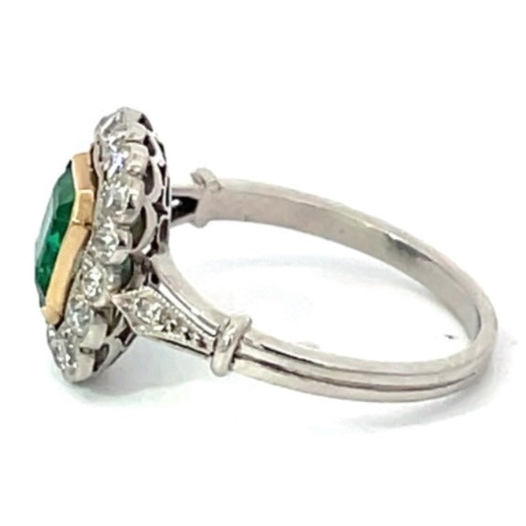 Side view of 1.15ct Emerald Cut Emerald Engagement Ring, Diamond Halo, Platinum & 18k Yellow Gold