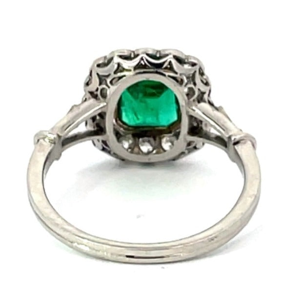 Back view of 1.15ct Emerald Cut Emerald Engagement Ring, Diamond Halo, Platinum & 18k Yellow Gold