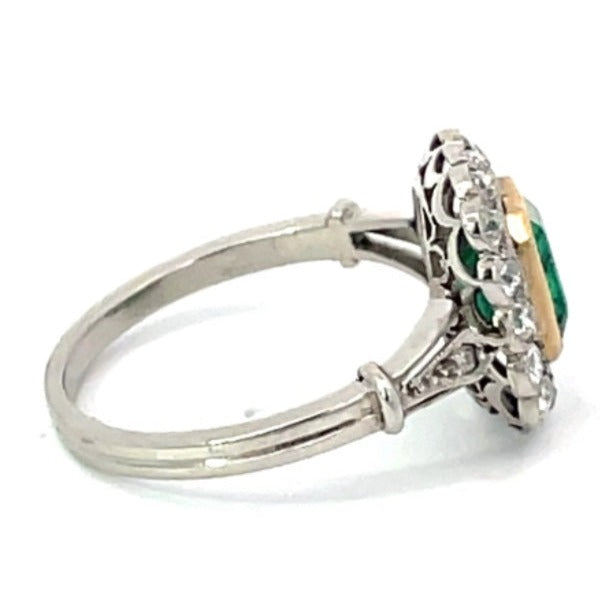Side view of 1.15ct Emerald Cut Emerald Engagement Ring, Diamond Halo, Platinum & 18k Yellow Gold