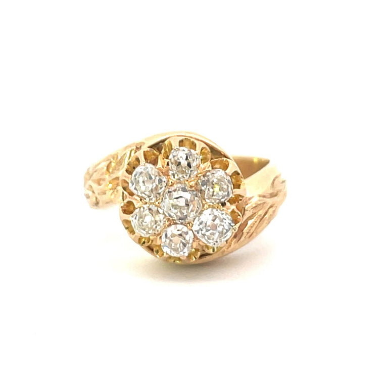 Front view of Antique 1.05ct Old Mine Cut Diamond Cluster Ring, 18k Yellow Gold