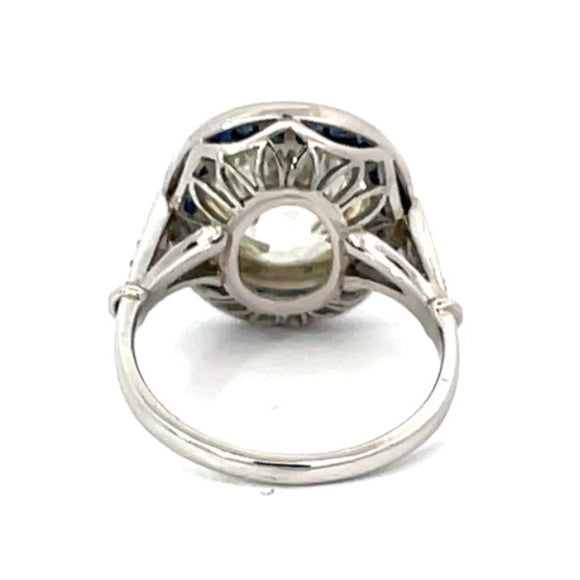 Front view of 5.15ct Antique Cushion Cut Diamond Engagement Ring, Sapphire Halo, Platinum