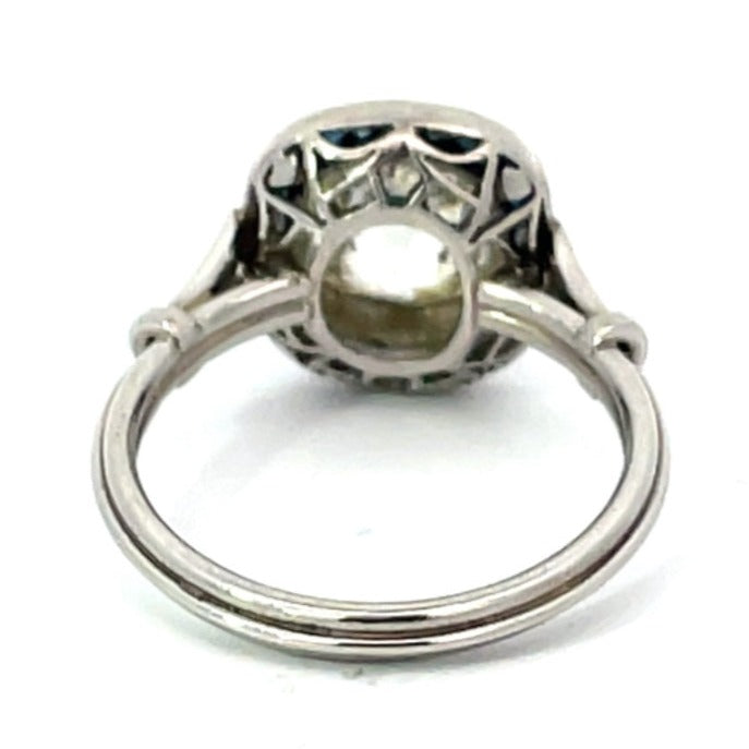 Back view of 2.29ct Antique Cushion Cut Diamond Engagement Ring, VS1 Clarity, Sapphire Halo, Platinum