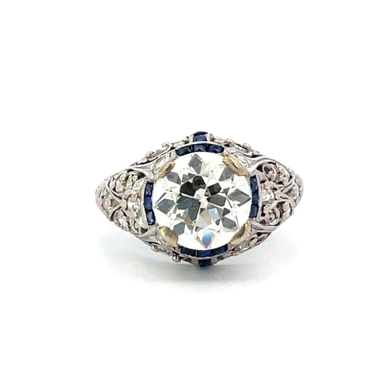 Front view of Antique 2.24ct Old European Cut Diamond Engagement Ring, Sapphire Halo, Platinum