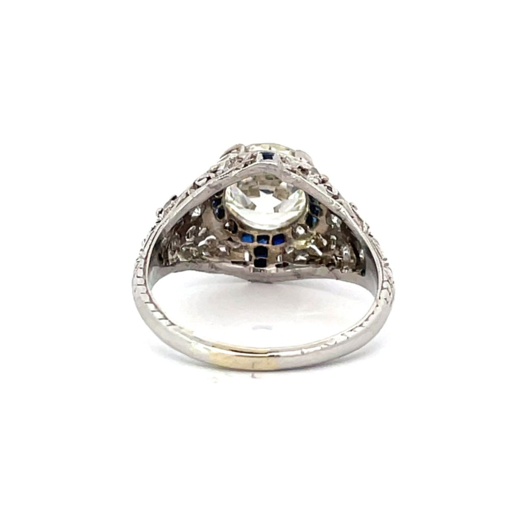 Back view of Antique 2.24ct Old European Cut Diamond Engagement Ring, Sapphire Halo, Platinum