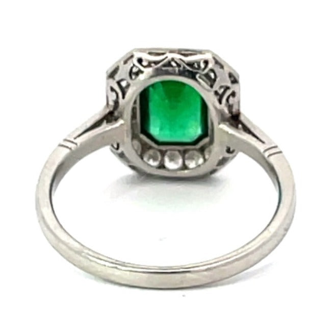Back view of 1.03ct Emerald Cut Emerald Engagement Ring, Diamond Halo, 18k Yellow Gold & Platinum