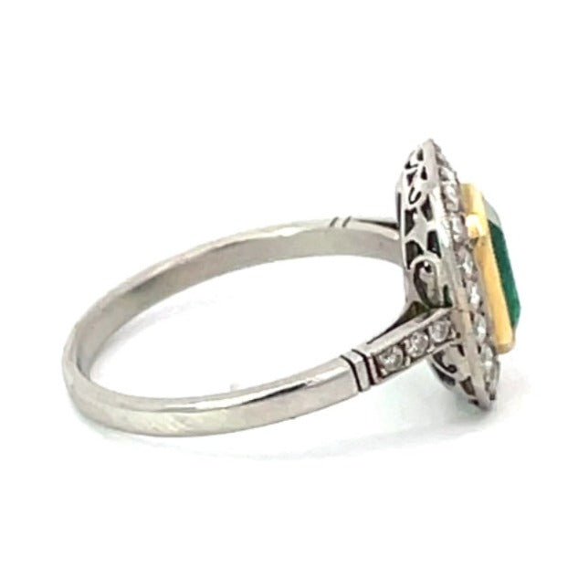 Side view of 1.03ct Emerald Cut Emerald Engagement Ring, Diamond Halo, 18k Yellow Gold & Platinum