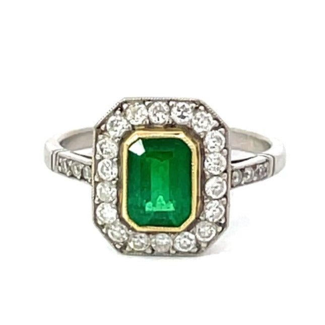 Front view of 1.03ct Emerald Cut Emerald Engagement Ring, Diamond Halo, 18k Yellow Gold & Platinum