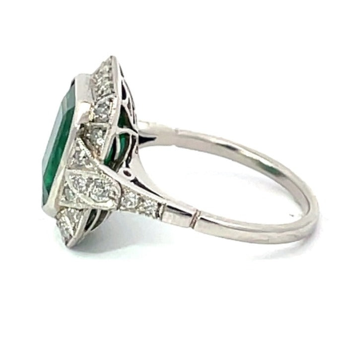 Side view of 4.32ct Emerald Cut Natural Emerald Engagement Ring, Diamond Halo, Platinum