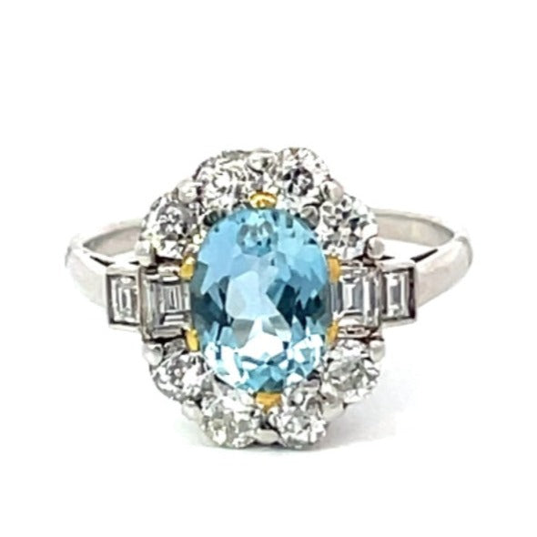 Front view of 1.20ct Oval Cut Natural Aquamarine Engagement Ring, Floral Diamond Halo, Platinum