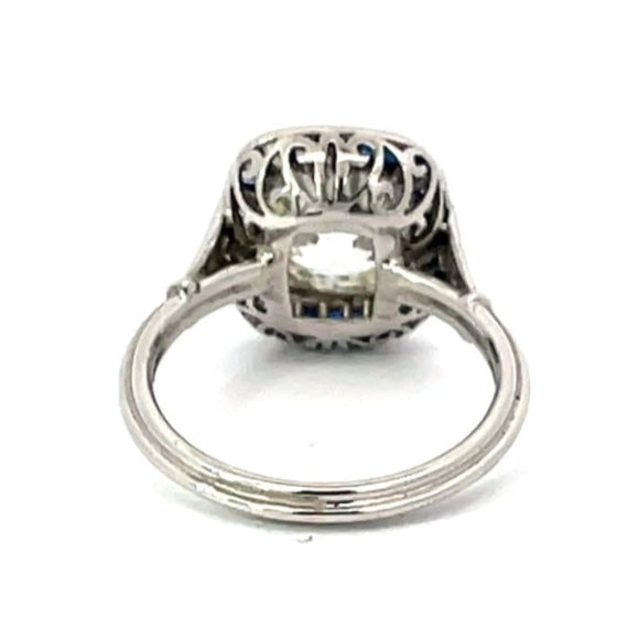 Front view of UGL 3.03ct Antique Cushion Cut Diamond Engagement Ring, Sapphire Halo, Platinum