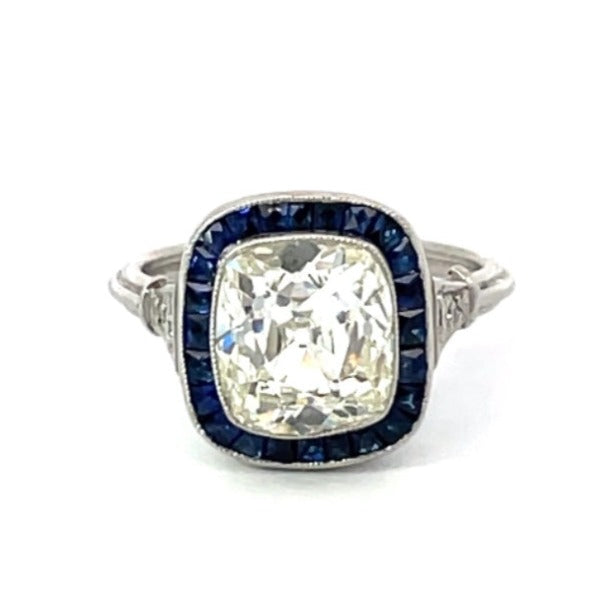 Front view of UGL 3.03ct Antique Cushion Cut Diamond Engagement Ring, Sapphire Halo, Platinum