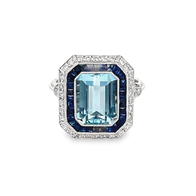Front view of 3.12ct Emerald Cut Aquamarine Cocktail Ring
