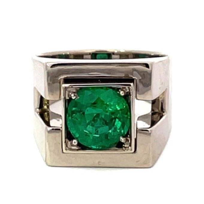 Front view of Vintage 2.01ct Round Cut Natural Emerald Engagement Ring, 18k White Gold