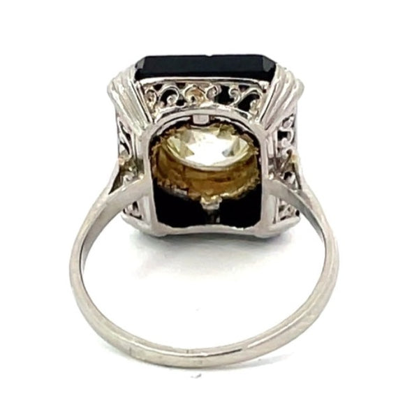 Front view of Antique 2.25 Old European Cut Diamond Cocktail Ring, Platinum, Buffed Onyx