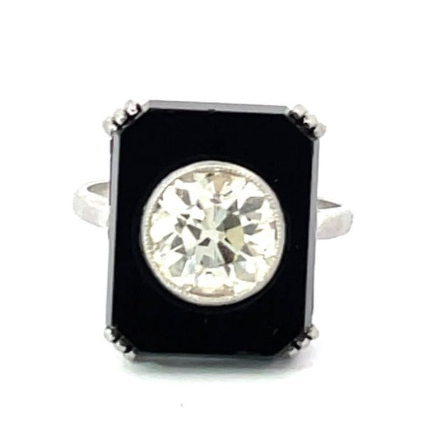 Front view of Antique 2.25 Old European Cut Diamond Cocktail Ring, Platinum, Buffed Onyx