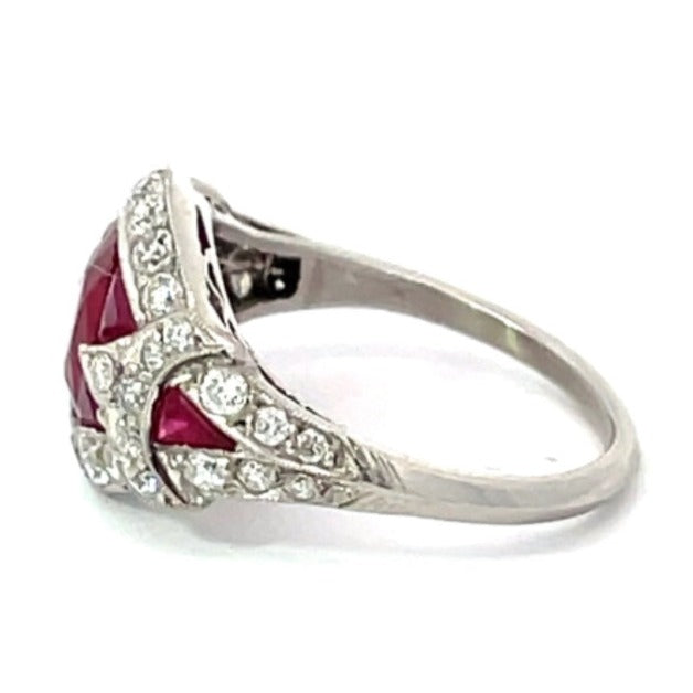 Side view of 1.08ct Oval Cut Natural Ruby Cocktail Ring, Diamond Halo, Platinum