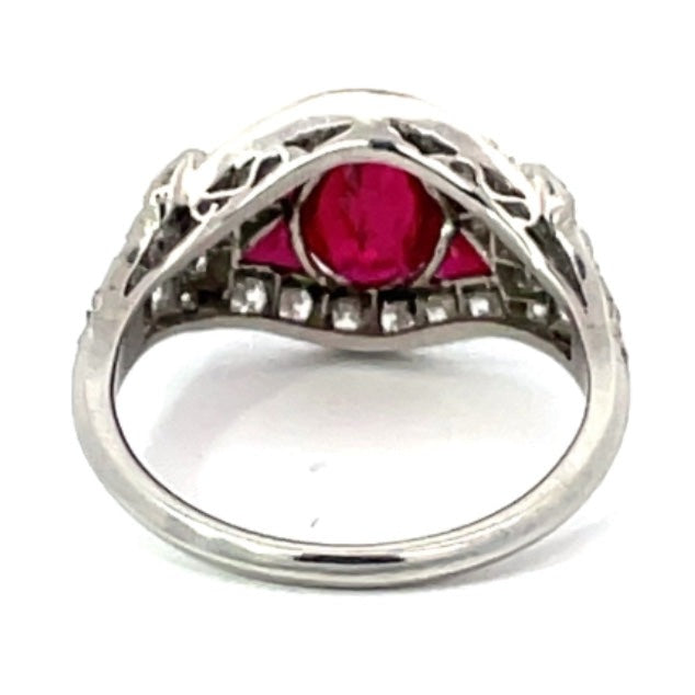 Back view of 1.08ct Oval Cut Natural Ruby Cocktail Ring, Diamond Halo, Platinum