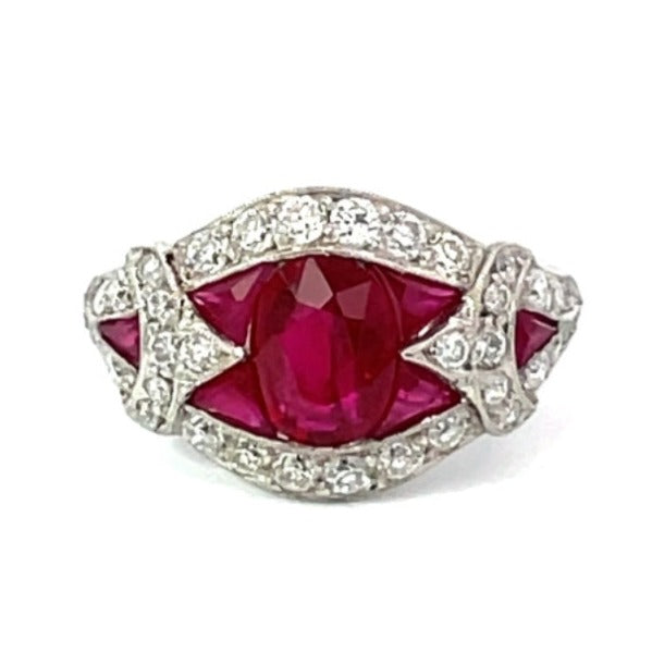 Front view of 1.08ct Oval Cut Natural Ruby Cocktail Ring, Diamond Halo, Platinum