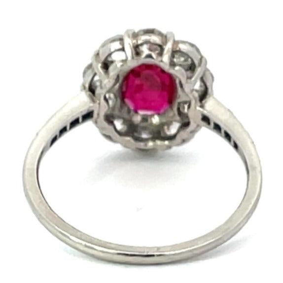 Front view of 1.05ct Oval Cut Natural Ruby Engagement Ring, Diamond Halo, Platinum