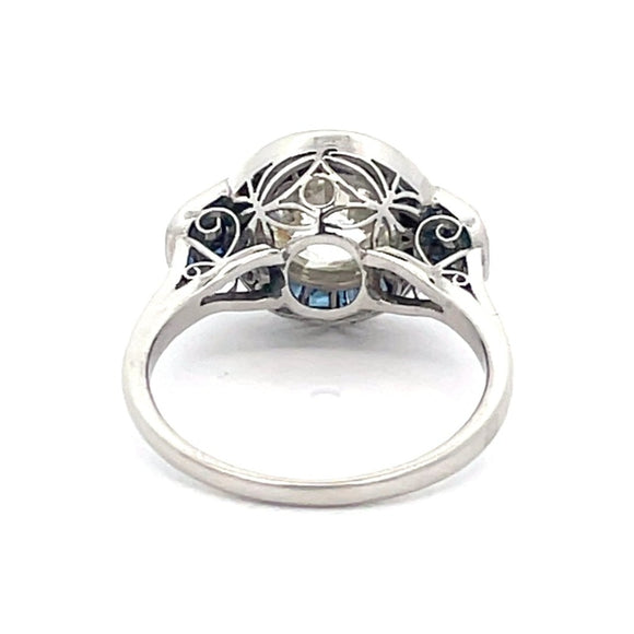 Front view of 3.07ct Old European Cut Diamond Engagement Ring, Sapphire Halo, Platinum