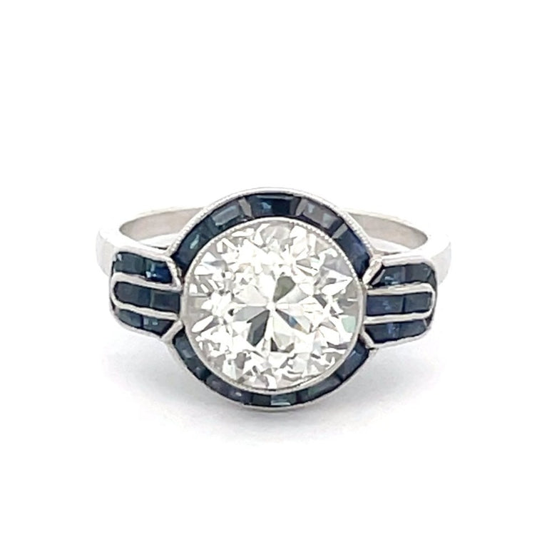 Front view of 3.07ct Old European Cut Diamond Engagement Ring, Sapphire Halo, Platinum